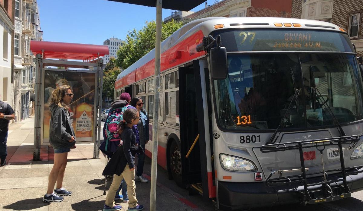 People Getting on Bus at a San Francisco bus stop
